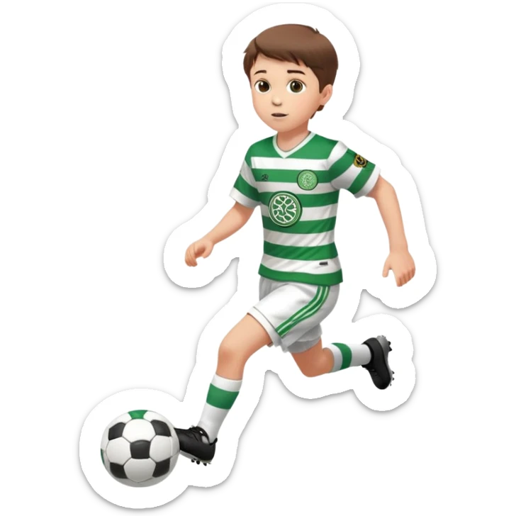Celtic footballer jersey logo  6 years old brown hair white boy , brown eyes , stripes uniform , RUNNING  with soccer ball # 17 celtic football logo PUT ONLY ONE LOGO ONE CELTIC LOGO ONLY white shorts sticker