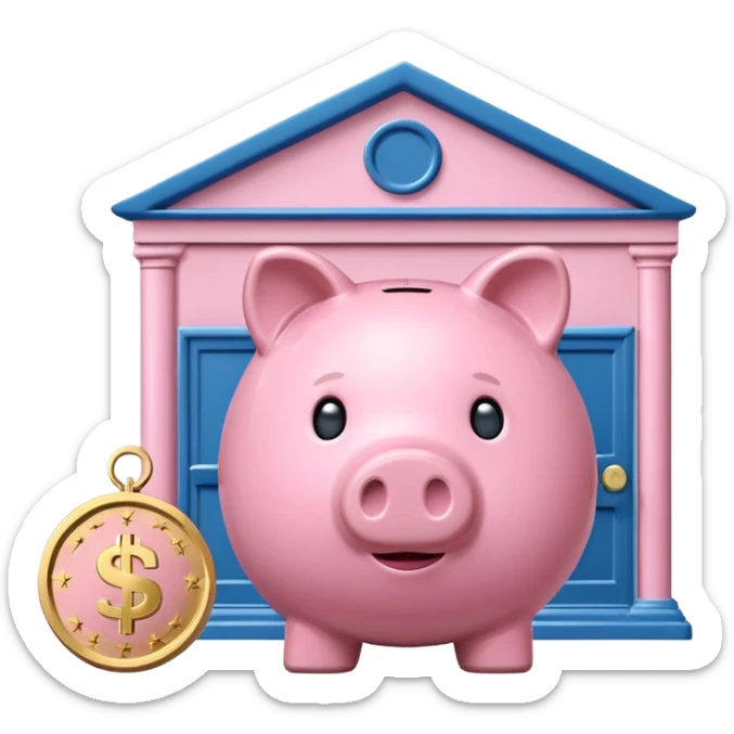 A clean emoji-style icon: A piggy bank with a coin, placed in front of a small bank building. The bank symbolizes company pension and financial security. Rounded forms, flat colors, minimal details like a standard emoji. sticker