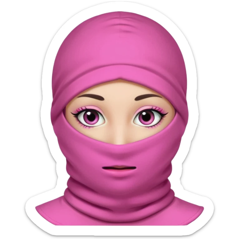 baggy stylish 3 hole balaclava pink in colour with girly eyes showing through the eye holes of the balaclava with beautiful eyelashes on  sticker