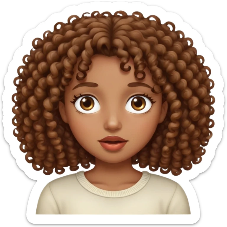 A girl with curly hair, slightly fleshy mouth, almond eyes and dark brown sticker