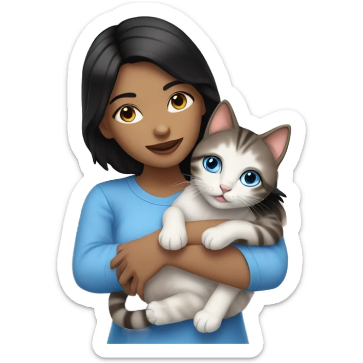 Pale woman with black hair and blue eyes snuggling a tabby kitten sticker