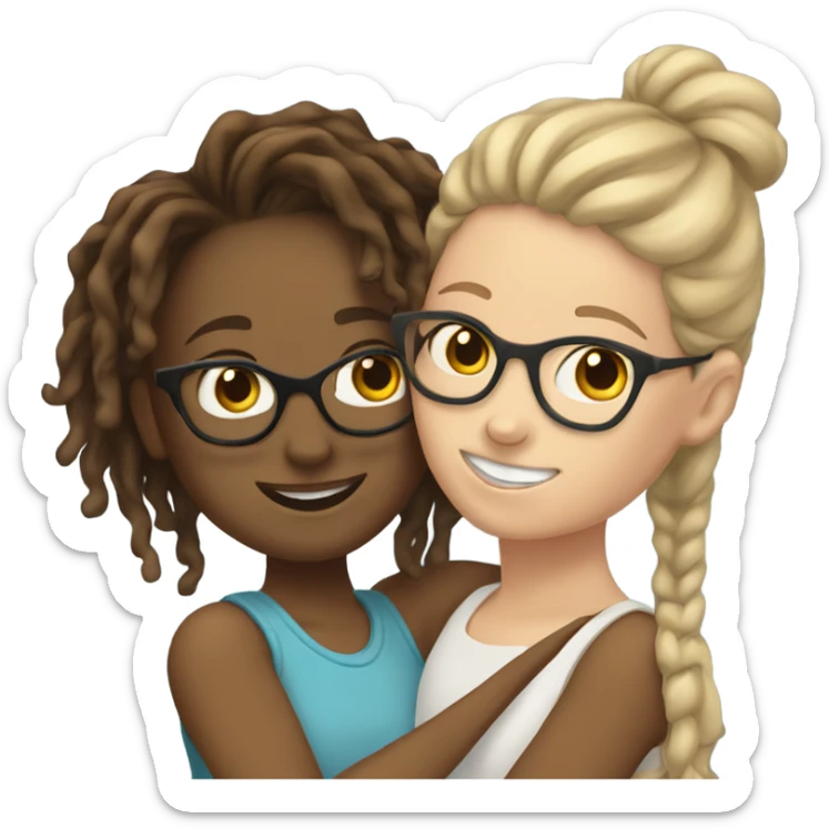 Tan girl with glasses and locs hugging a white girl with brown wavy hair sticker
