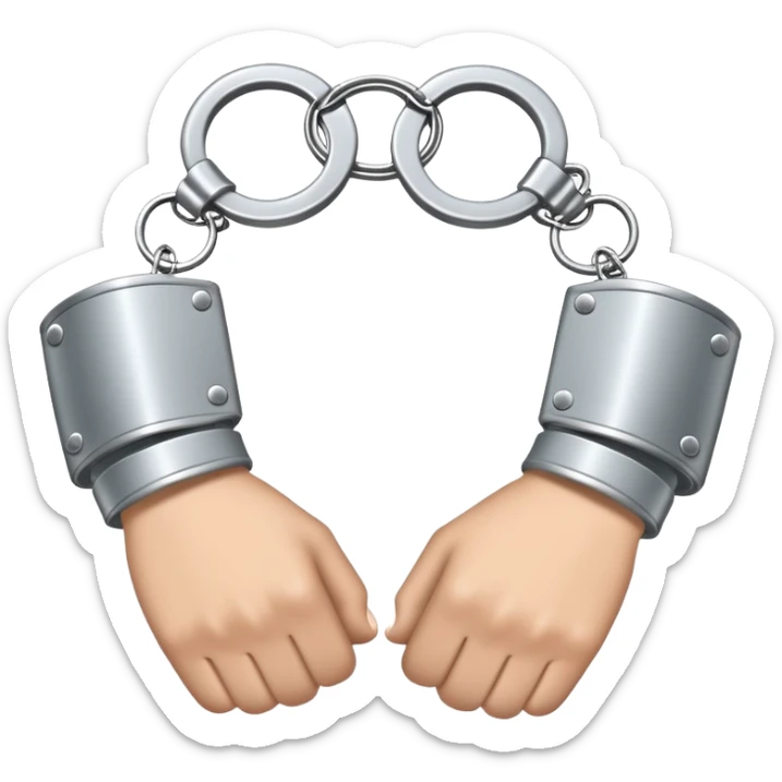 An emoji of two hands cuffed behind the back with metallic handcuffs. The wrists are slightly tilted inward, showing restraint. The handcuffs have a reflective silver surface, symbolizing arrest, punishment, or law enforcement. Simple, cartoon-style design sticker