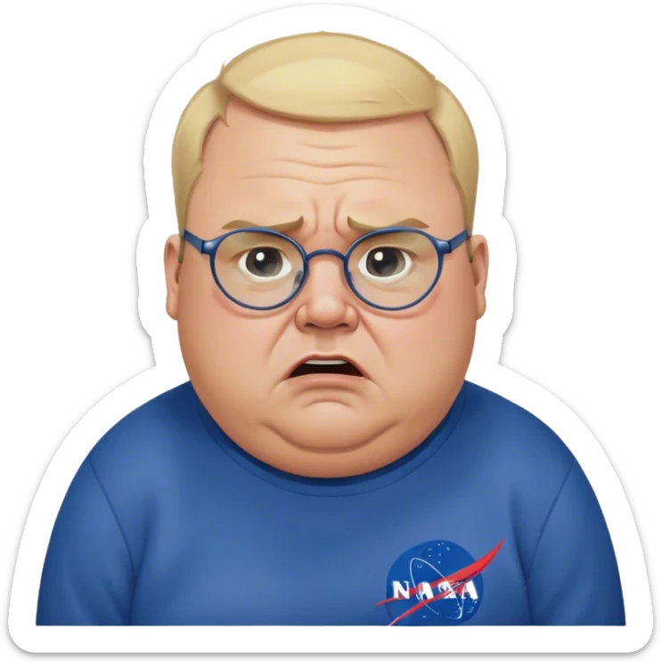 angry fat man, crying like a kid,  blond short and hight receding hairline, wearing a dark blue sweatshirt, nasa logo on the sweatshirt, round glasses without frame, 40 years old sticker