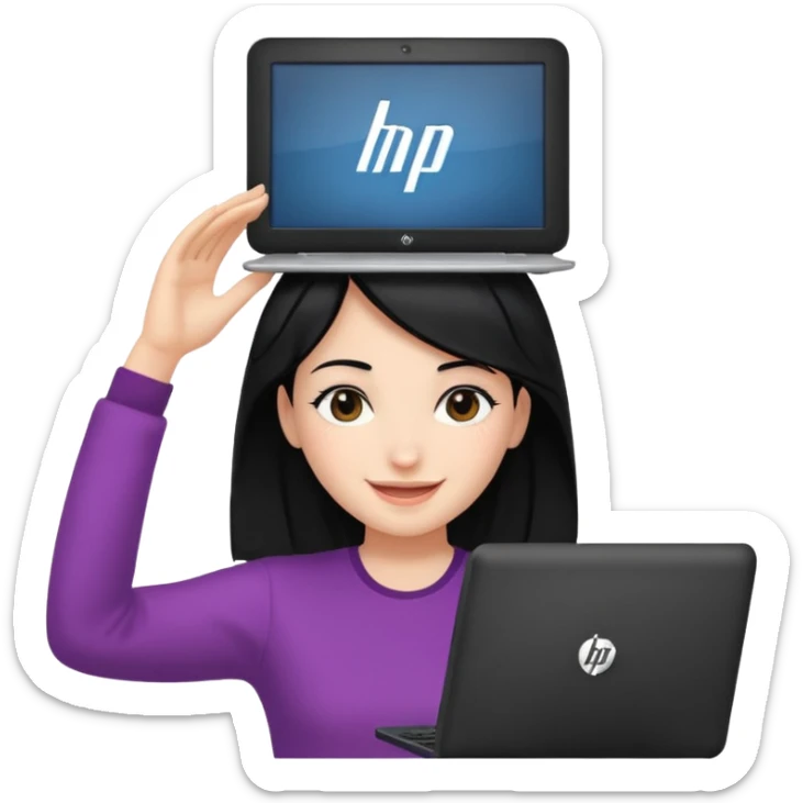 A girl is in front of an HP computer, holding it to her head, and her hair is black. sticker