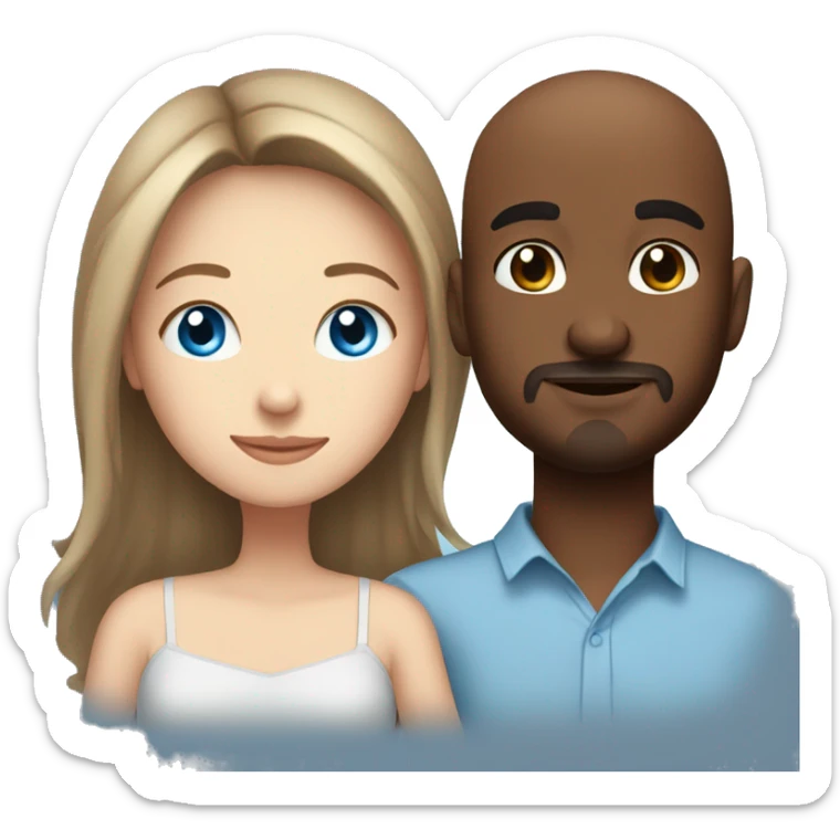 Beautiful Girl with blue eyes and long brown hair and boy with brown hair cuddling, Bald black man with goatee  sticker