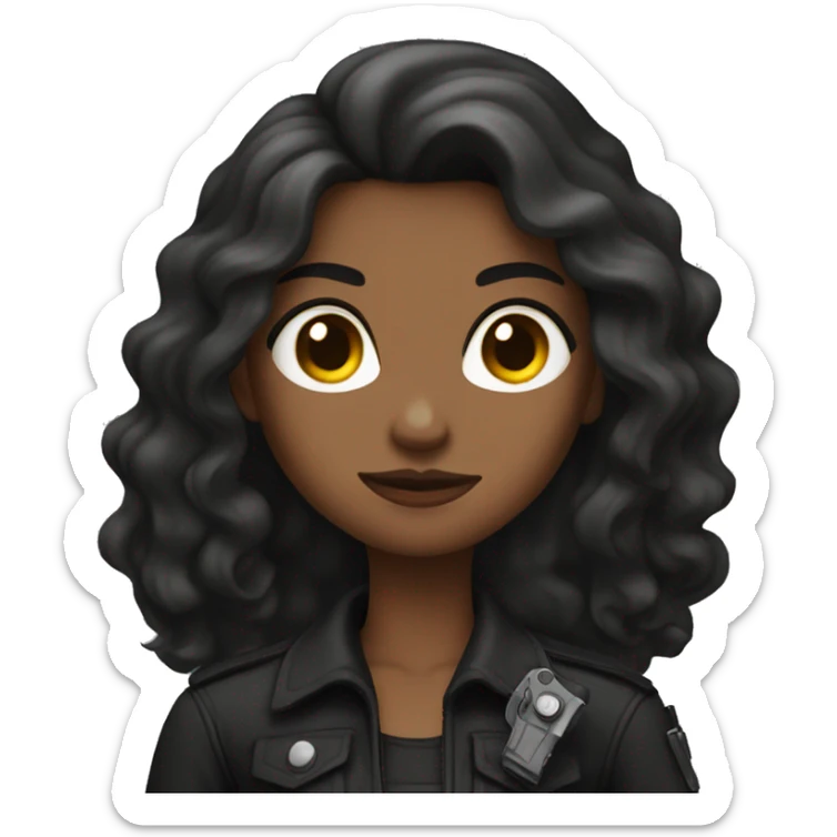 Woman with brown long hair, siren eyes, and a gun, wearing all black sticker