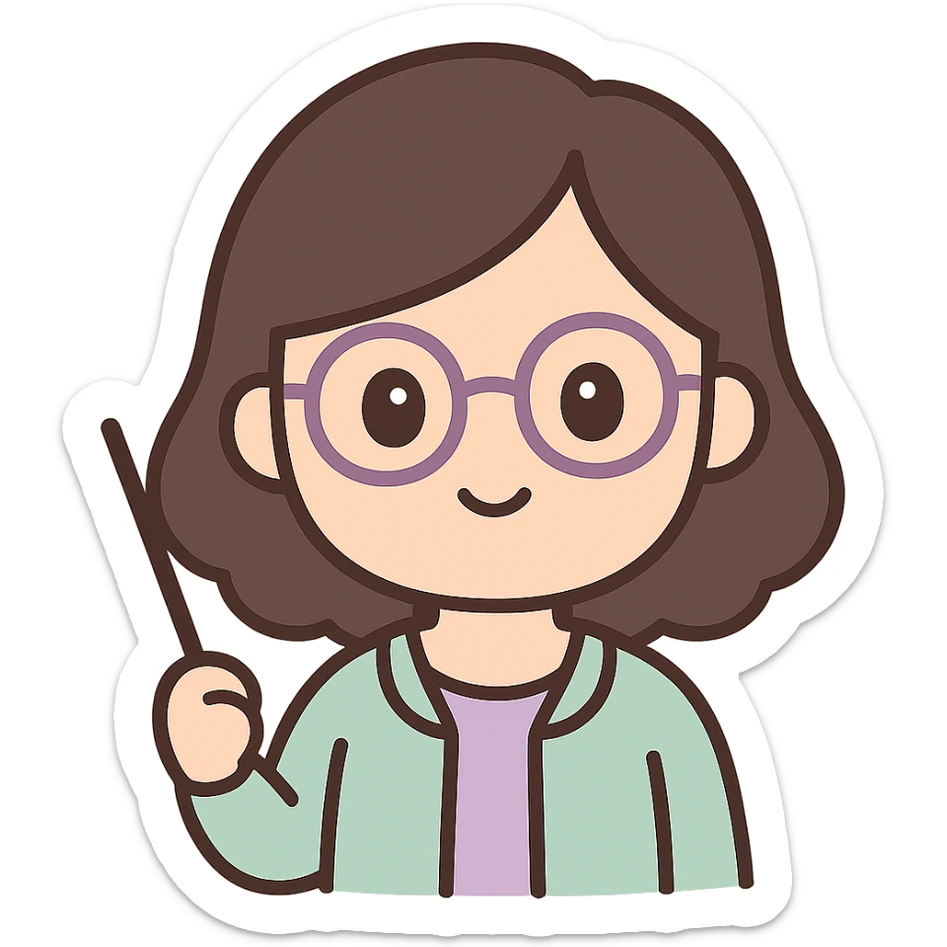 profesora de cabello castaño oscuro hasta los hombros con gafas, fondo claro sticker