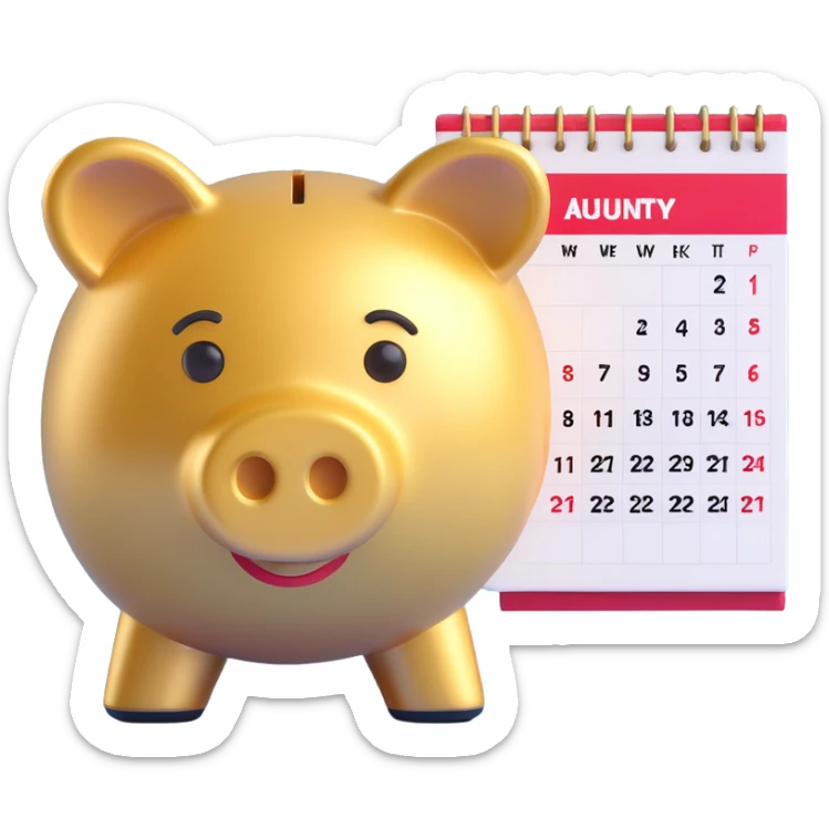 3D gold piggy bank with a calendar page showing a week, representing weekly saving, Microsoft 3D emoji style sticker