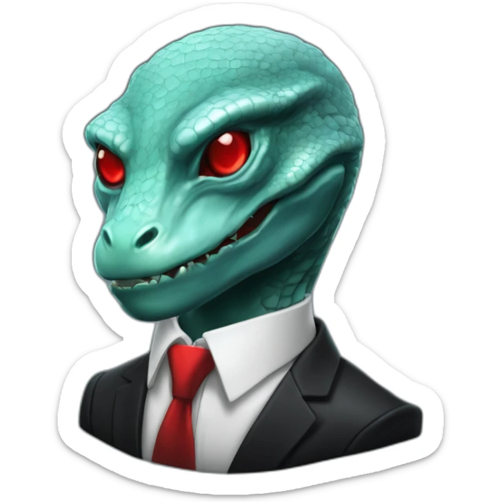 Aquamarine reptilian in classic black suite with red laser eyes on the middle of platinum coin sticker