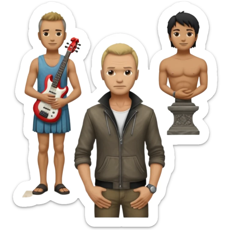 Cinematic realistic ultra HD - Musician Sting stands in front of an antique stone sculpture sticker