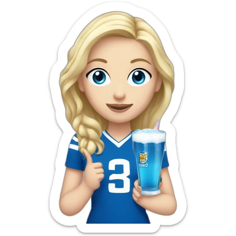 Blonde girl with blue eyes holding a blue wkd drink and wearing a Scotland football tshirt sticker