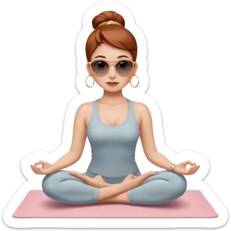 Clean girl influencer character, chest-up portrait.Sleek tight bun hair color (auburn .Natural glossy makeup, soft blush, shiny lips.chest up portrait , small gold hoop earrings, delicate gold necklace.Black sunglasses on head.Rolled yoga mat hanging over her shoulder. sticker