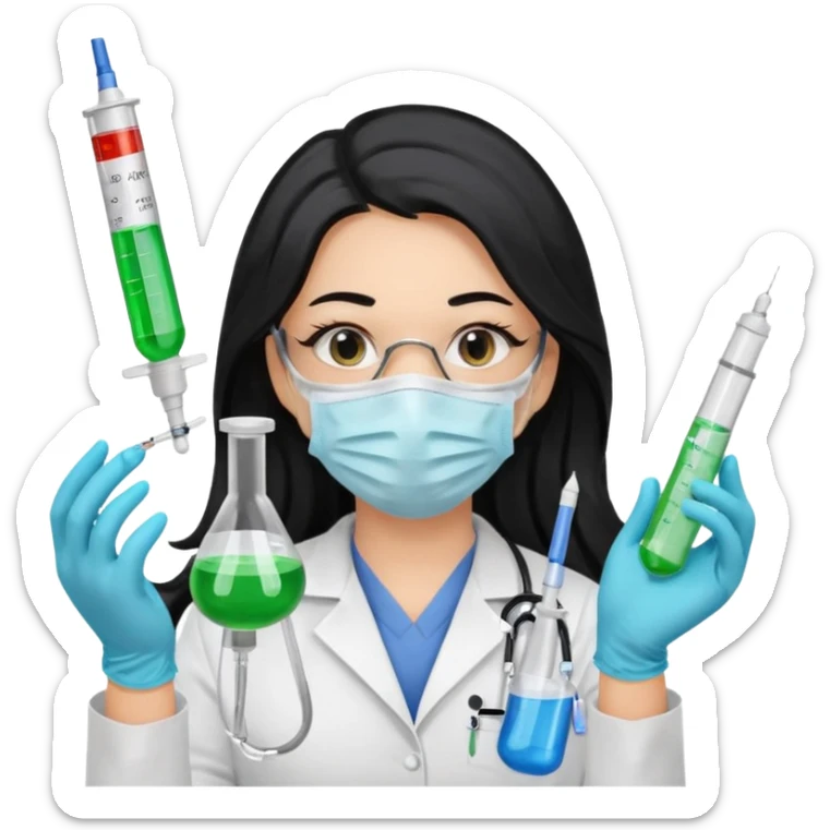 medica con guantes  y mascarilla e insumos laboratorio  jeringa tubos  pelo negro largo triguella sticker