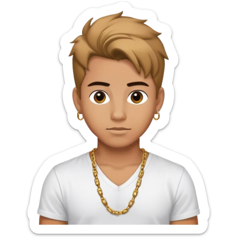 Young Latino male, hair up, wearing a small chain and a white v-neck t-shirt sticker