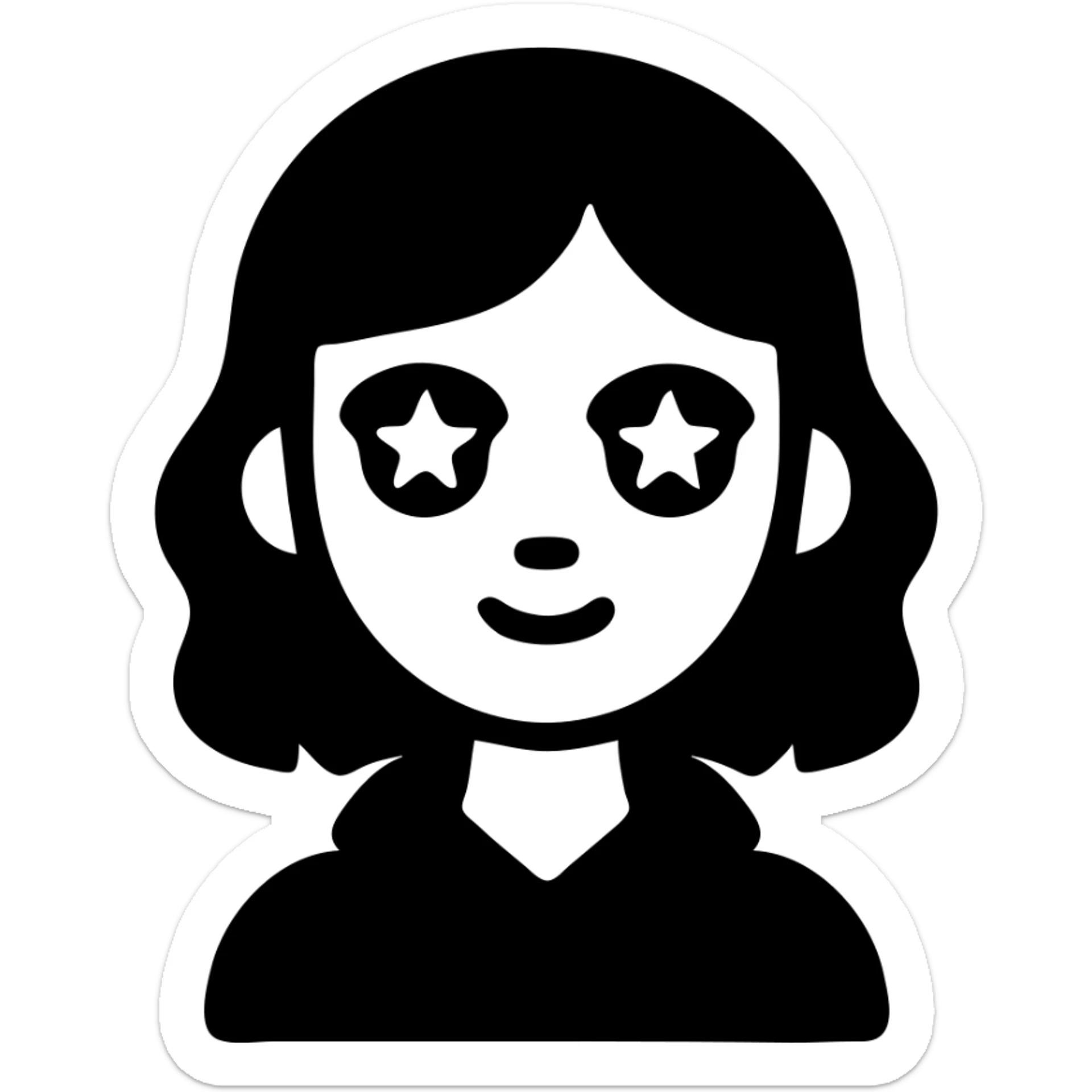 A cute girl with white skin, dark wavy hair just below her shoulders, green eyes, fair skin, a soft pink blush, and burning stars in her eyes. She has a thin neck and is wearing a black hoodie. The girl has long bangs styled on both sides of her face. sticker
