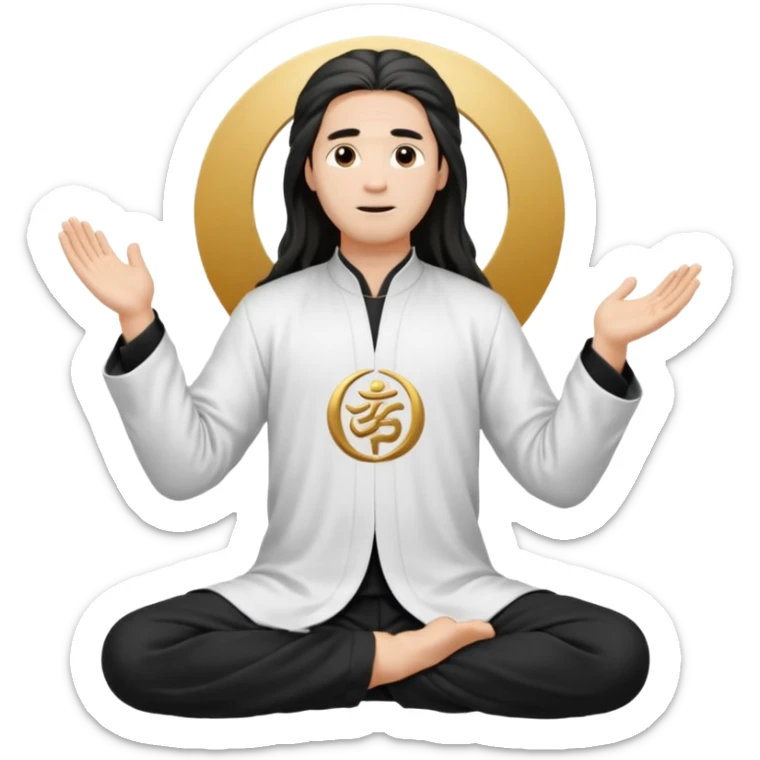 homme au cheveux long qui pratique le qi gong, habits noirs ou blancs,dans la position suivante : le ciel et la terre communiquent sticker