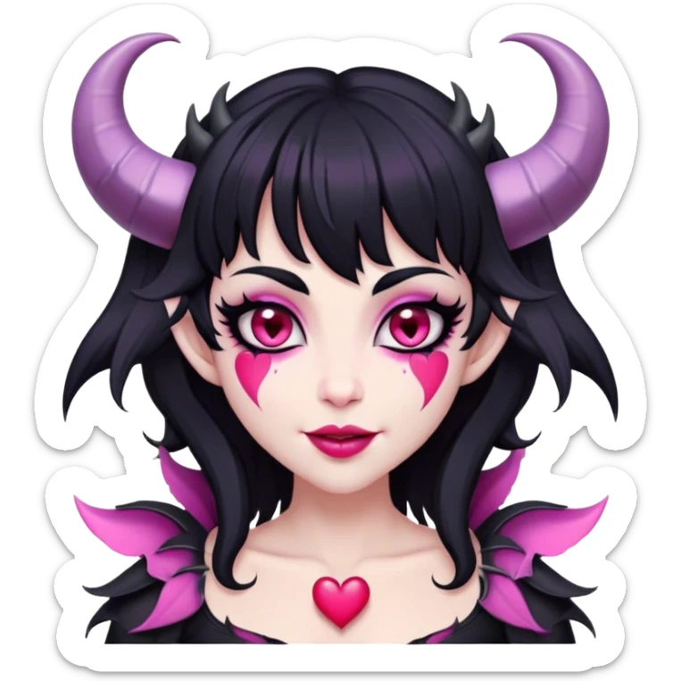 Succubus, pink irises, heart pupils, black shaggy hair, straight across fringe, grey skin, white horns curving towards forehead, succubus horns, flirty smile, full lips, black lips, cute fangs sticker