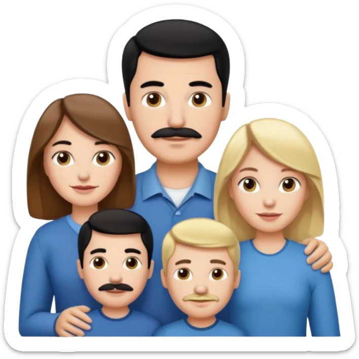 Mom with brown hair. Dad with black hair and mustache. 2 sons with blonde hair. 1 daughter with blonde hair. sticker