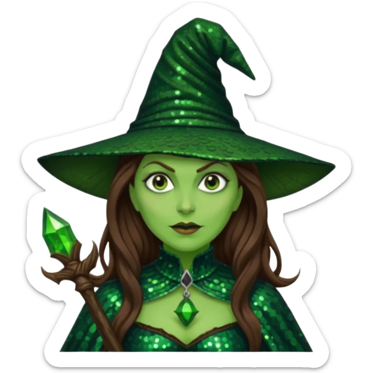 Wicked Witch of the West from the Wizard of Oz with long brown hair, dark green sequin outfit, green skin sticker