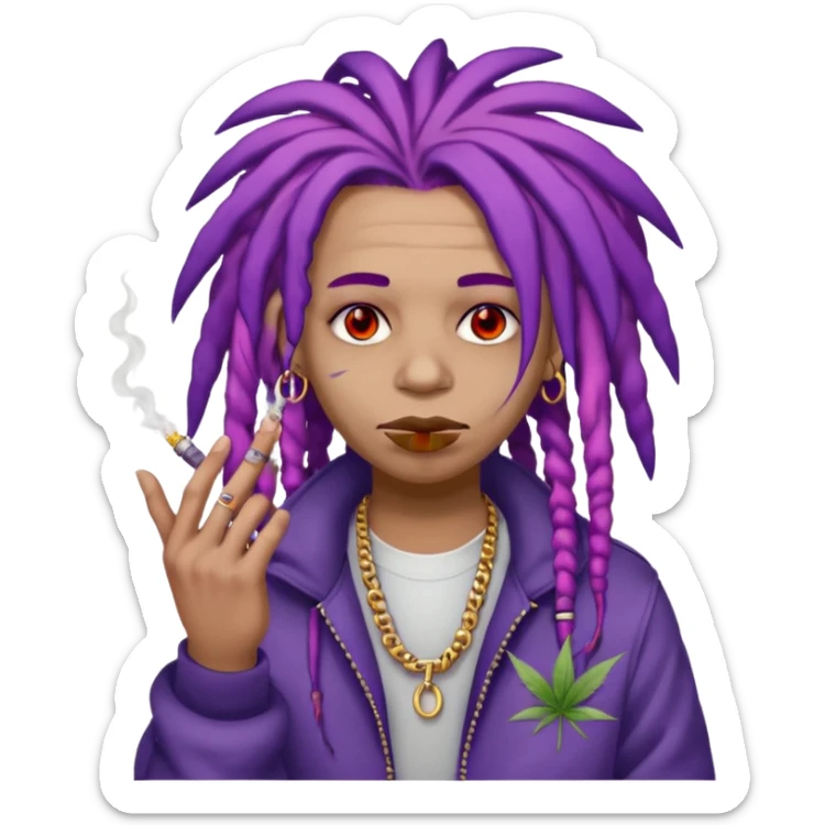 A purple weed smoking emoji with purple dreads, red eyes, hands full of rings, and wearing airforce1 shoes  sticker