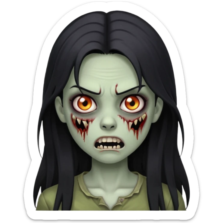 Girl zombie with black long hair with teeth and serious face IOS style sticker