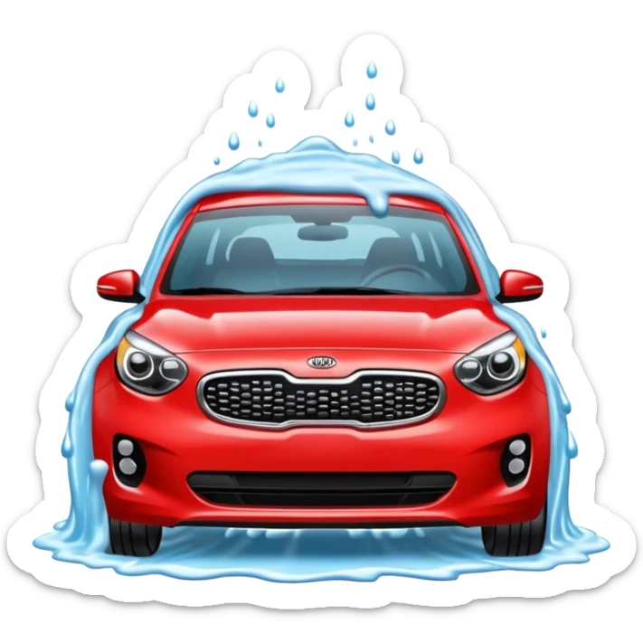 red kia car with foam cover it in a car wash shop sticker