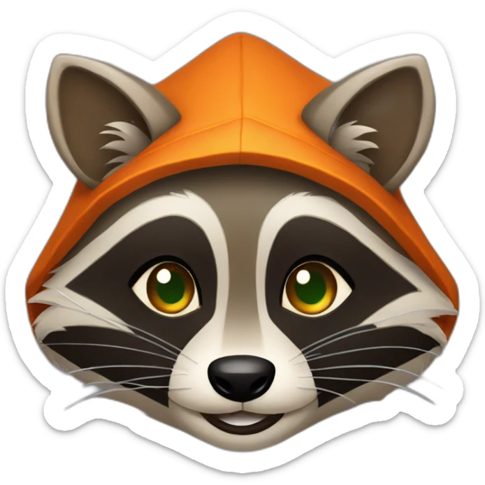 brown raccoon with orange eyes and a dark green hood that is smiling sticker