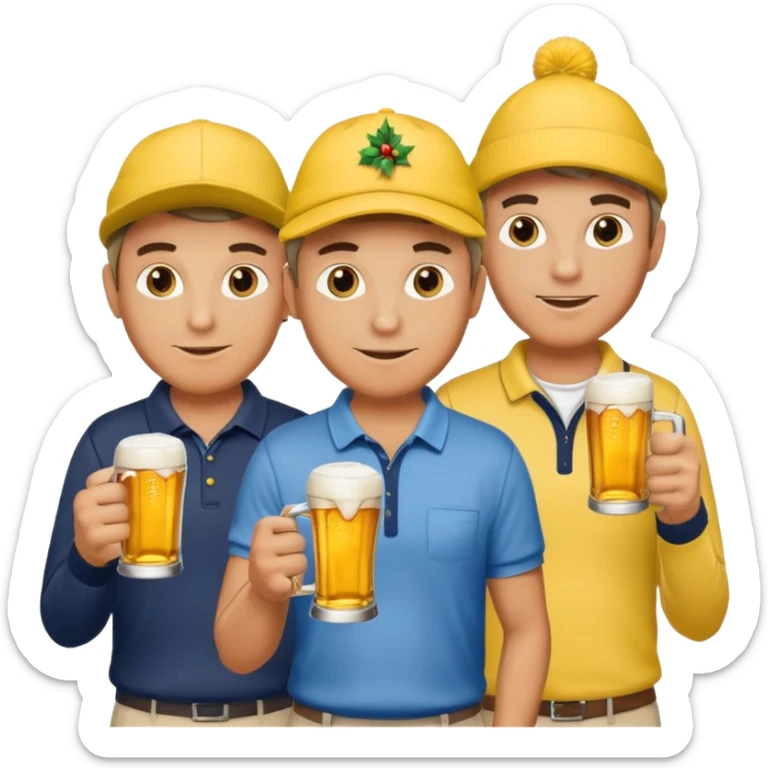 16 men on a golf trip wearing yellow golf caps all holding a beer can with a Xmas style label sticker
