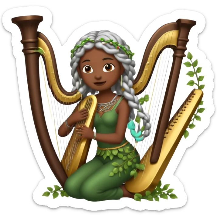 forest emoji character, dark skin woman with silver braids playing harp made of vines sticker