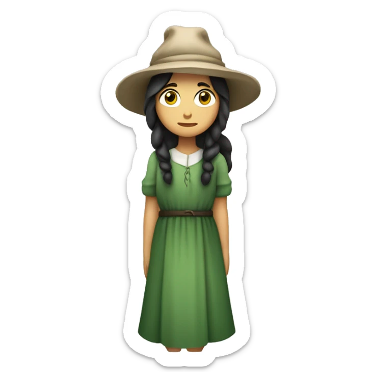 sad shepherdess, white skin, long dark hair, green dress and a hat (whole body emoji) sticker