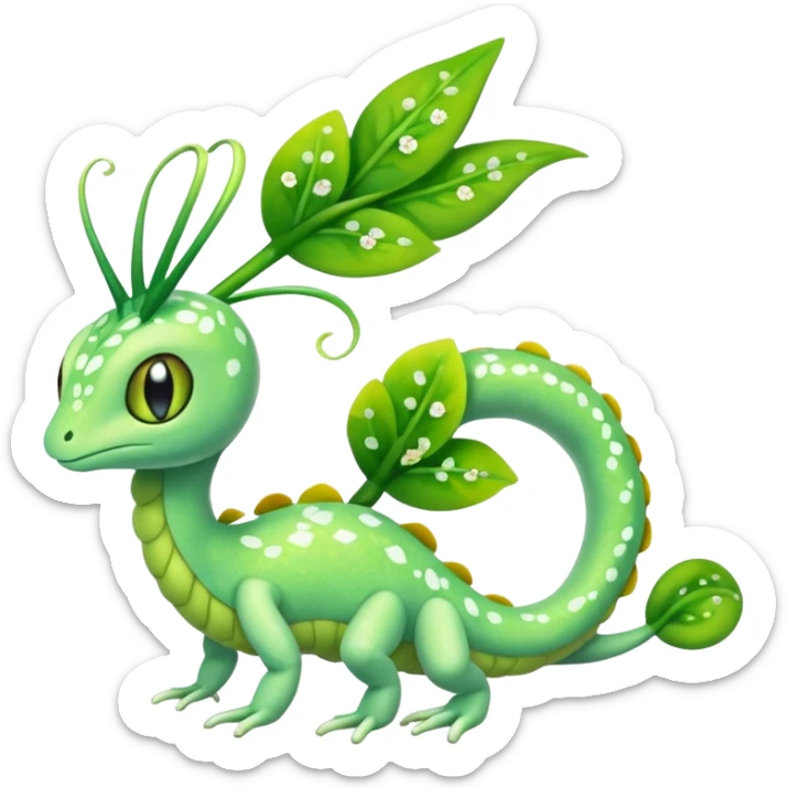 Sparkly White And Green Natural Flowery Colorful Grovyle-Caterpie-Celebi-Fakémon-hybrid-creature (full body)  sticker