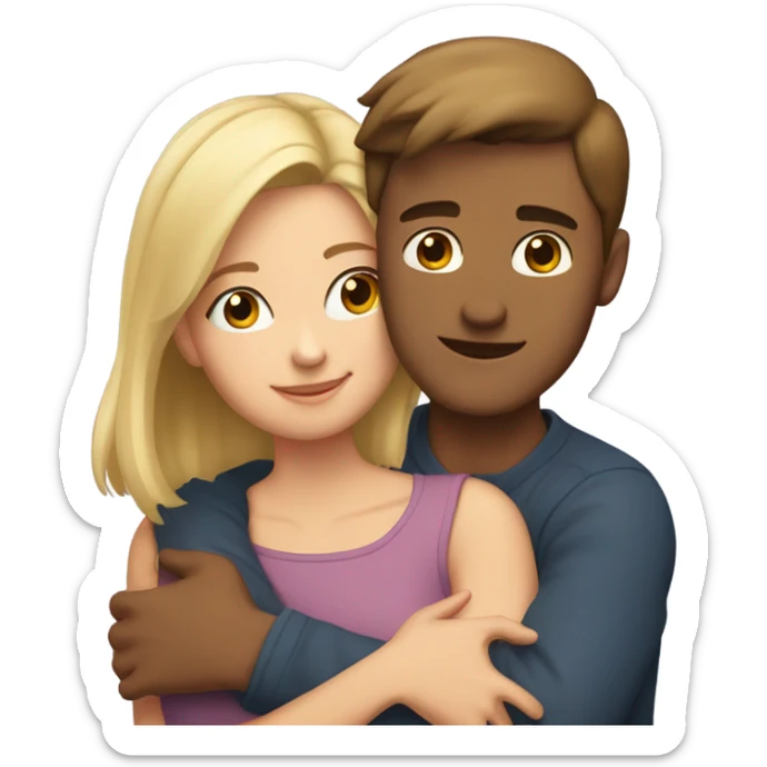 A girl with brown medium hair hugs a guy with short hair and blonde sticker
