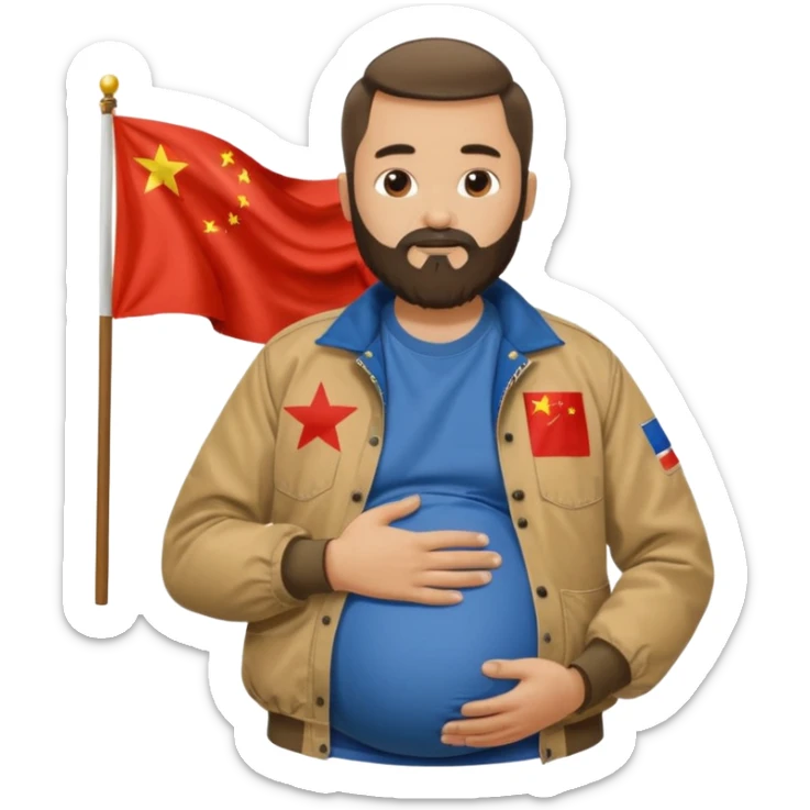 Bearded man rubbing pregnant belly poking out of a chinese flag shirt wearing a tan canvas carhartt jacket sticker