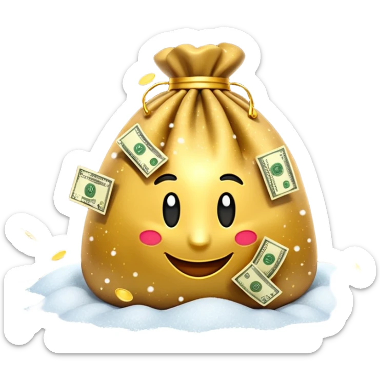 3D emoji style, money bag with dollar bills, New Year theme, snow particles, festive lighting, rich vibe, high detail, transparent background

 sticker
