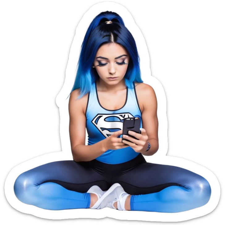 Shameful-big tears-head back texting on phone-very very large upper body-sexy face-bending forward at waist-very long very straight dark blue to light blue ombre hair-and-blue eyes-thick black eyeliner-thick long eyelashes-iridescent blue lowcut tanktop with black leggings with glitter superman logo sticker