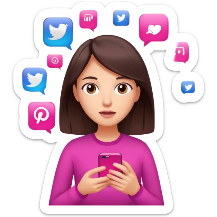 Social media manager. She has dark brown hair, brown eyes, overwhelmed expression, slightly stressed face,a holding a smartphone with notifications piling up. Use vibrant colors with a focus on pink and fuchsia tone sticker