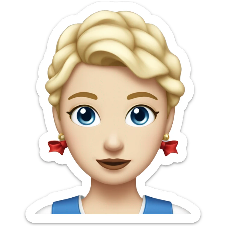 White girl, with blue eyes, short blonde hair, elegant with a red bow tie and mickye mouse ears. Super chick and elegant sticker