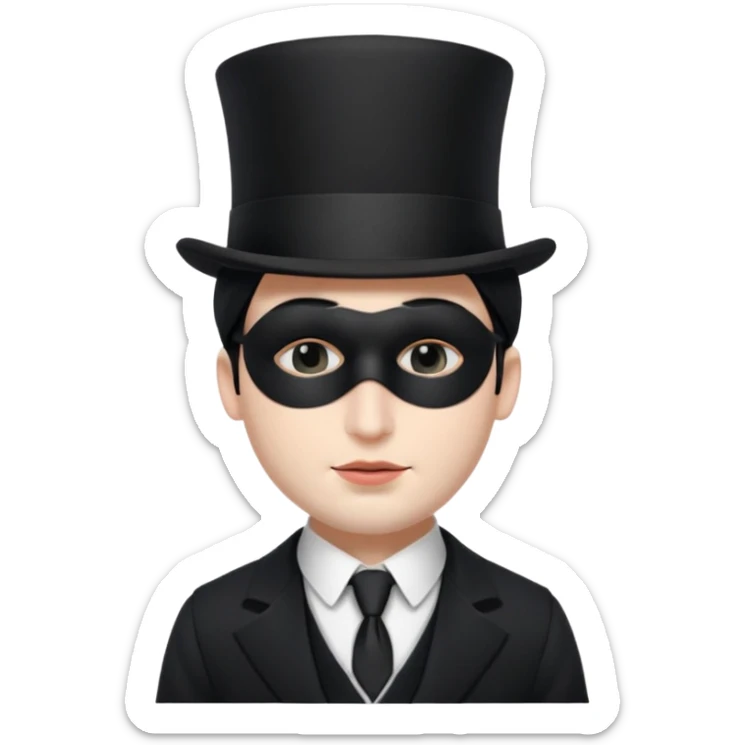 A french man with snow white skin, a black half mask with an eye hole, a black top hat, a black vest with a black tie tucked underneath, and a white collared shirt. Closed eyes. sticker