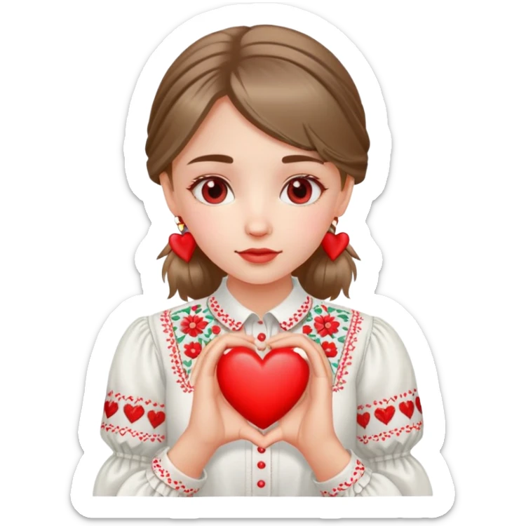 Ukrainian girl in a white embroidered shirt holds a heart in her hand sticker