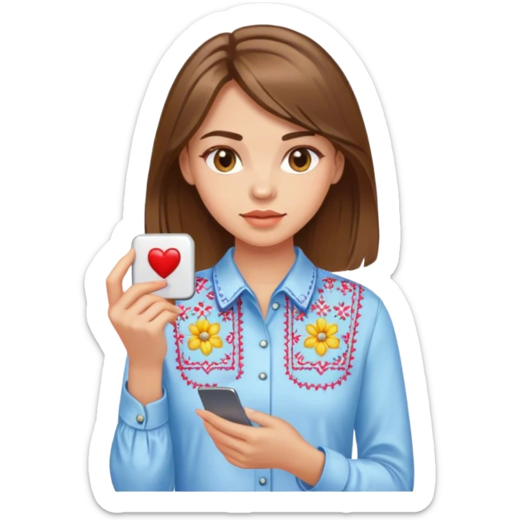 A Ukrainian girl with brown hair in an embroidered shirt holds a magnet sticker