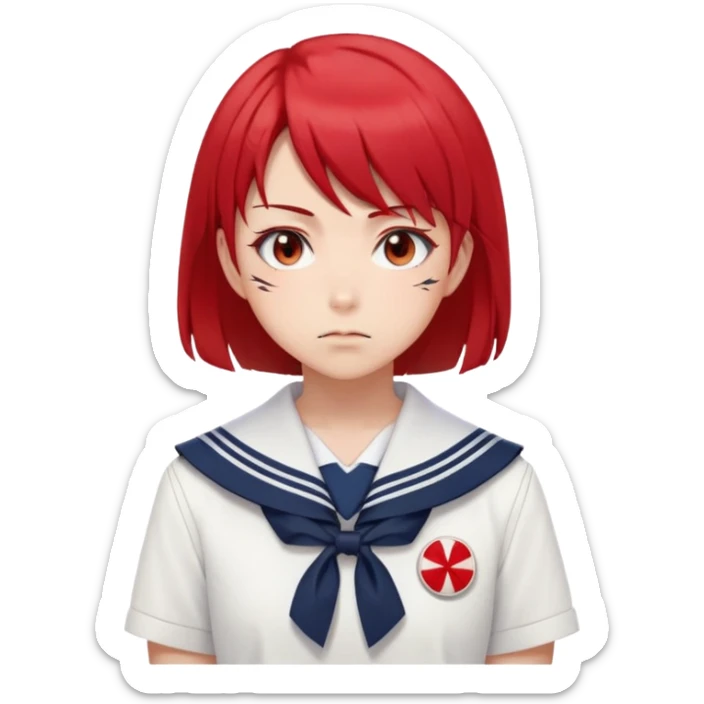 Serious anime girl with short bright red hair wearing Japanese sailor style school uniform, intense gaze and slight frown, disciplined posture sticker