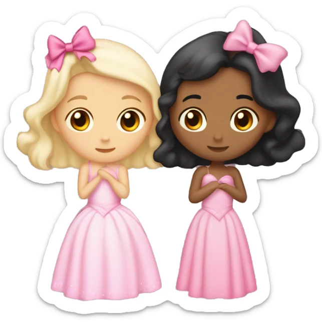 Two girls kissing , one girl is lightly Indian skinned with black hair and a pink bow she also has a pink princess dress the other girl is white skinned with brown hair and a bow and she wears a pink princess dress  sticker
