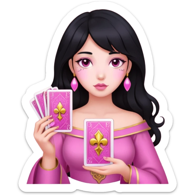 black hair girl with pink pink tarot gold cards sticker