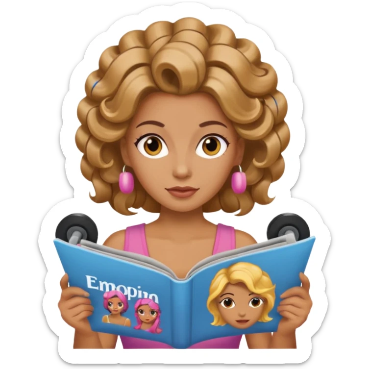 mujer en la peluquería con rulos en la cabeza y leyendo una revista sticker