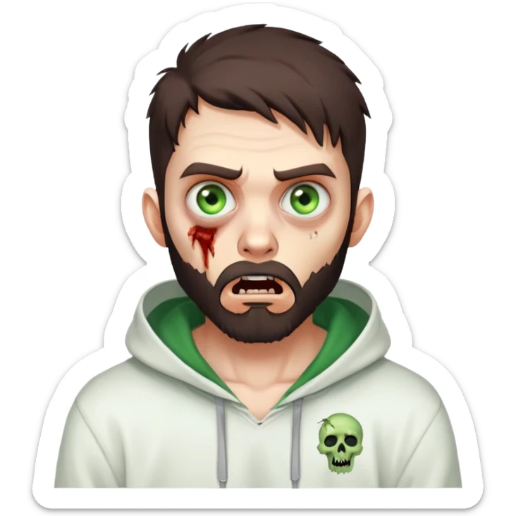 zombie with shocked expression, undercut hairstyle with dark brown hair, short full beard, heterochromia with one green eye and one brown eye, wearing plain white hoodie sticker
