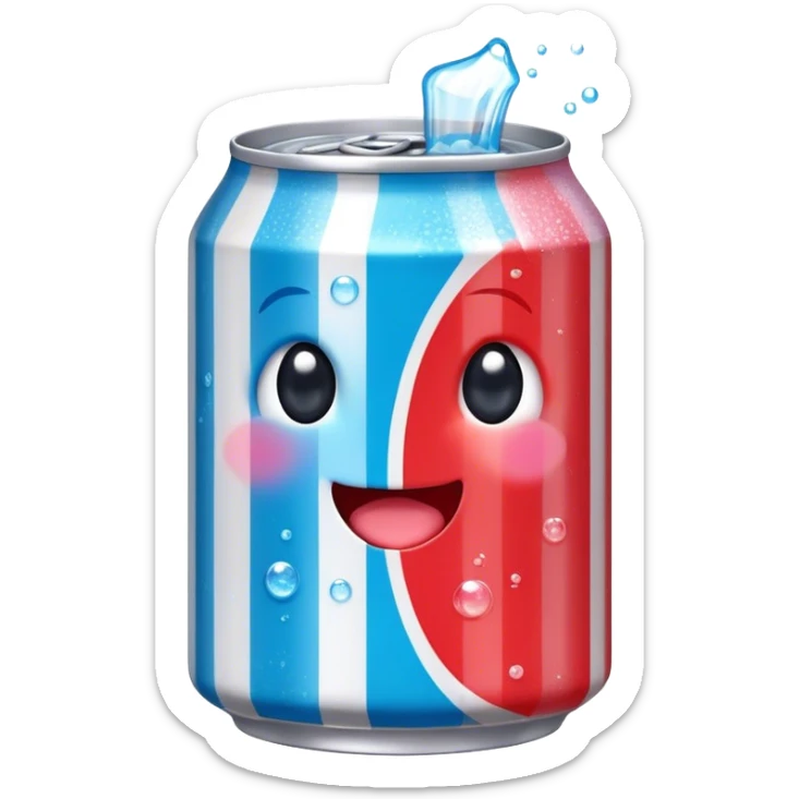 Cute Kawaii Soda Can, bubbly and vibrant, bright red and blue stripes, playful fizz popping around, a chubby happy face with wide sparkling eyes, energetic and refreshing! sticker