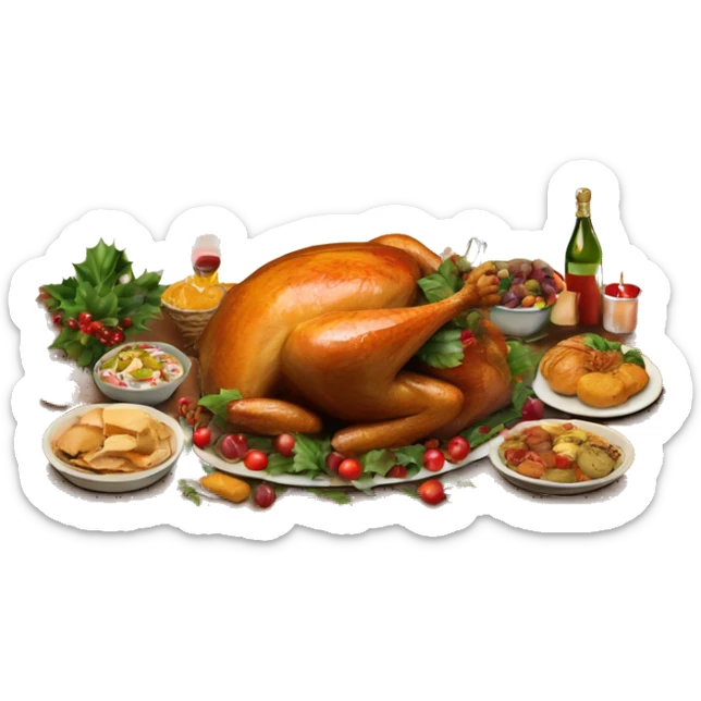 vintage wooden table with christmas feast of turkey and foods sticker