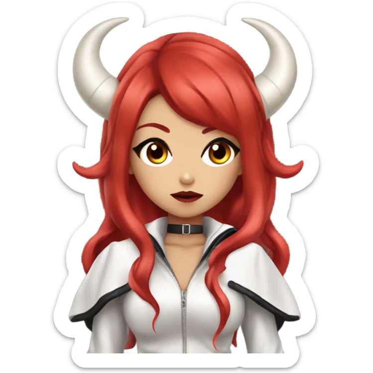 demon hime gyaru girl, black eyes, red hair, demon horns, leather coat sticker