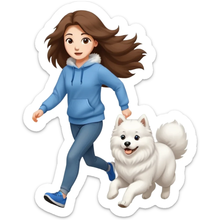A beautiful girl with long hair wearing a sweatshirt and jeans is running with a Samoyed sticker